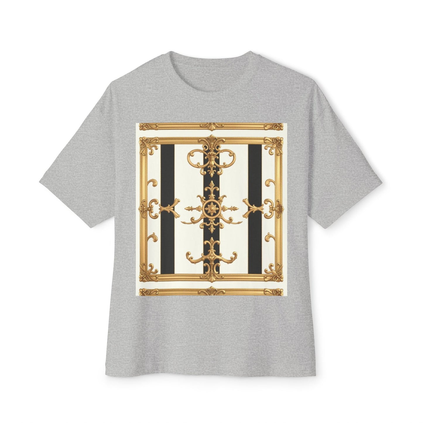 Chic Oversized Boxy Tee with Elegant Gold Design, Fashion T-Shirt, Streetwear Top, Casual Wear - Black & White Striped Gold Baroque