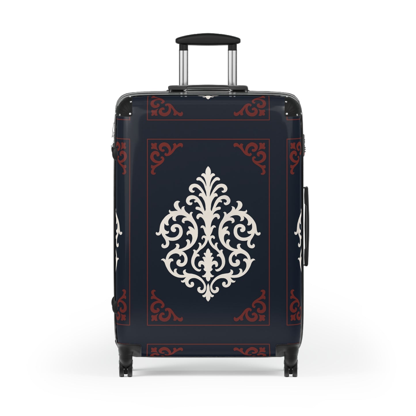 Dusk Blue-Maroon & White Baroque Carry-On Suitcase — Elegant Travel Luggage with Vintage White Medallion