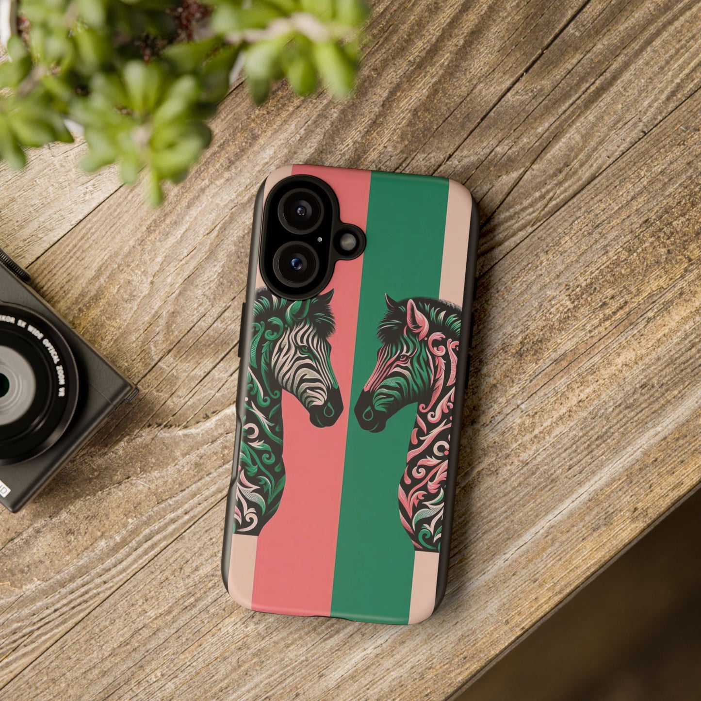 Phone Case - Elegant Pink & Green Zebra Damask Design