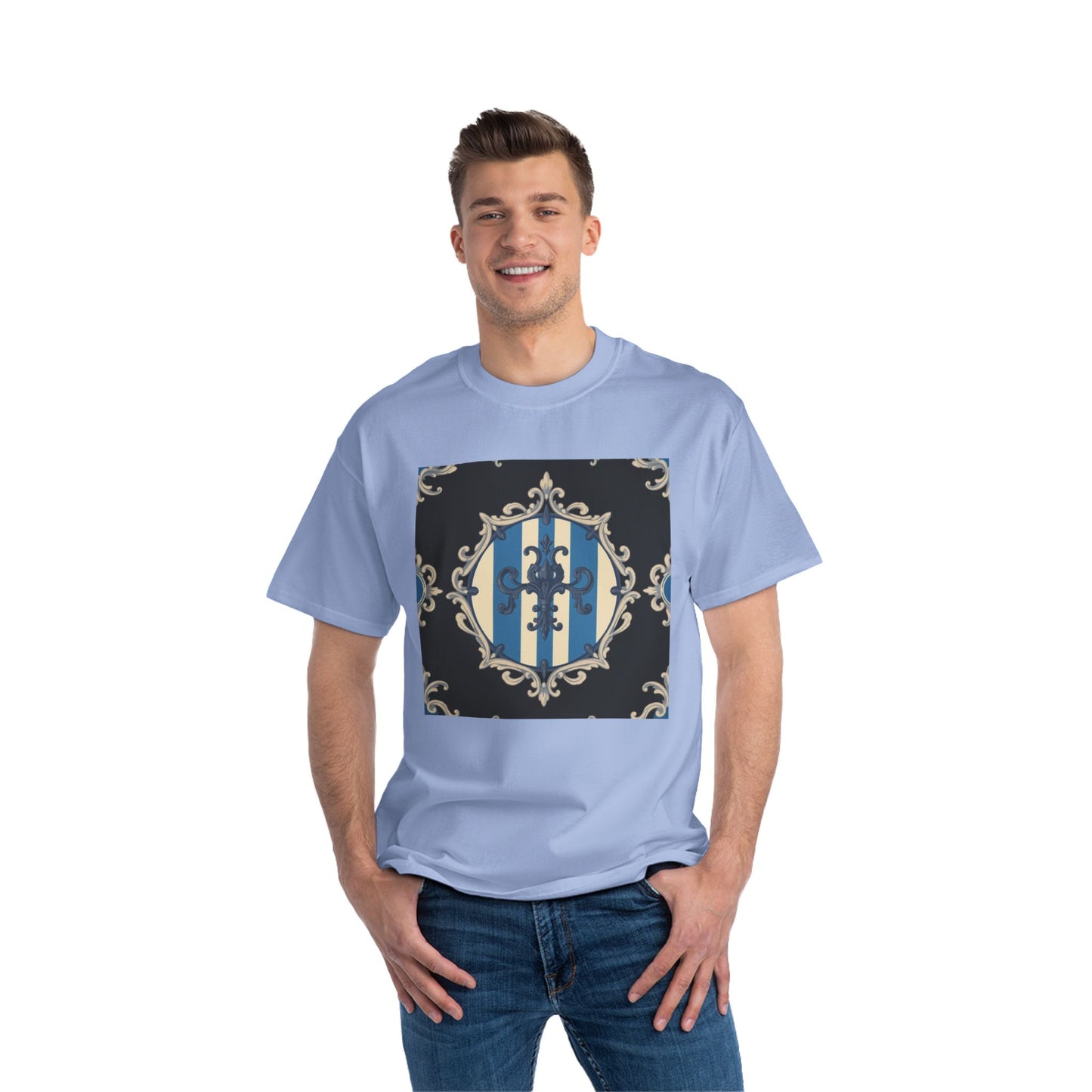 Elegant Blue & Alabaster Striped Baroque Short-Sleeve T-Shirt | Vintage Style, Graphic Tee, Casual Wear, Unisex Gift, Unique Design