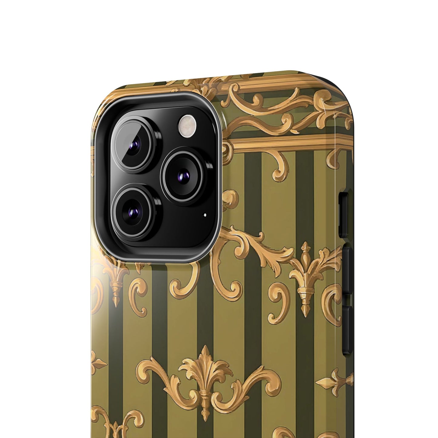 Elegant Vintage Phone Case - Tough Protection with Classy Design, Stylish Phone Cover for Fashion Lovers - Olive Green Striped Rococo