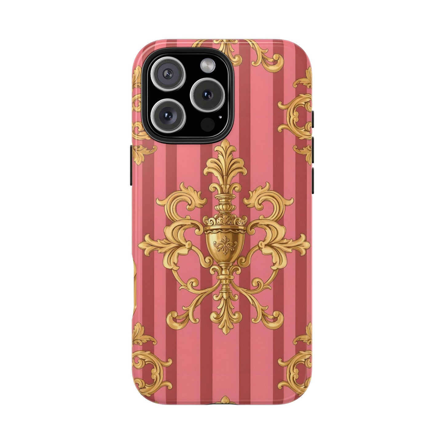 Elegant Baroque Tough Phone Cases, Durable Phone Cover, Stylish Accessory, Gift for Any Occasion - Pink Striped Gold Baroque