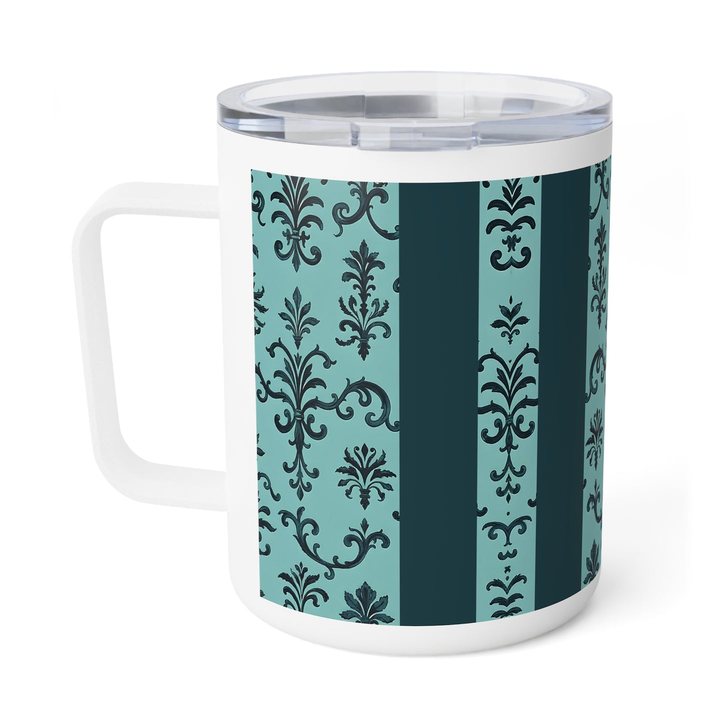 Chic Insulated Coffee Mug, Elegant Drinkware for Home and Office, Perfect Gift for Coffee Lovers, Vintage Pattern - Teal Striped Rococo