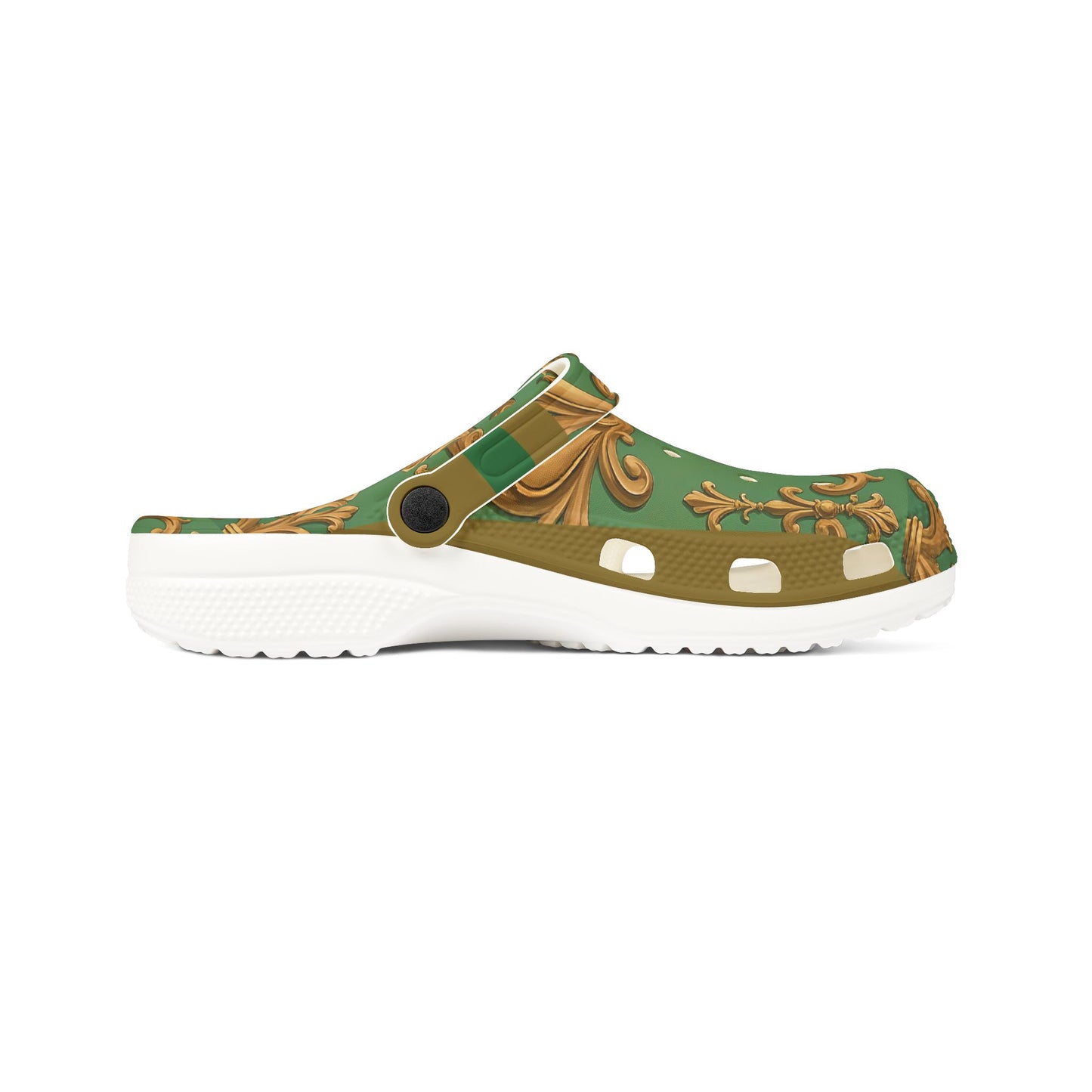 Elegant Green Patterned EVA Foam Clogs, Stylish Footwear, Comfortable House Shoes, Garden Mules - Olive Green Striped Rococo