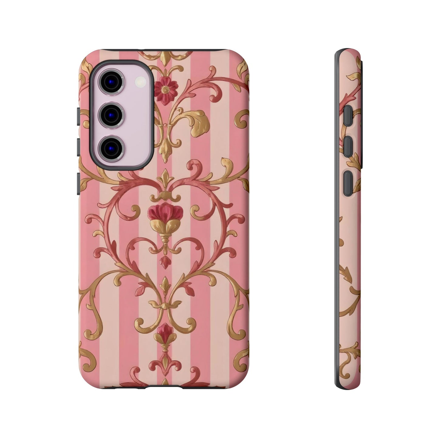 Elegant Floral Motif Phone Case - Tough Cases with Vintage Design - Pink Striped Rose Gold Damask