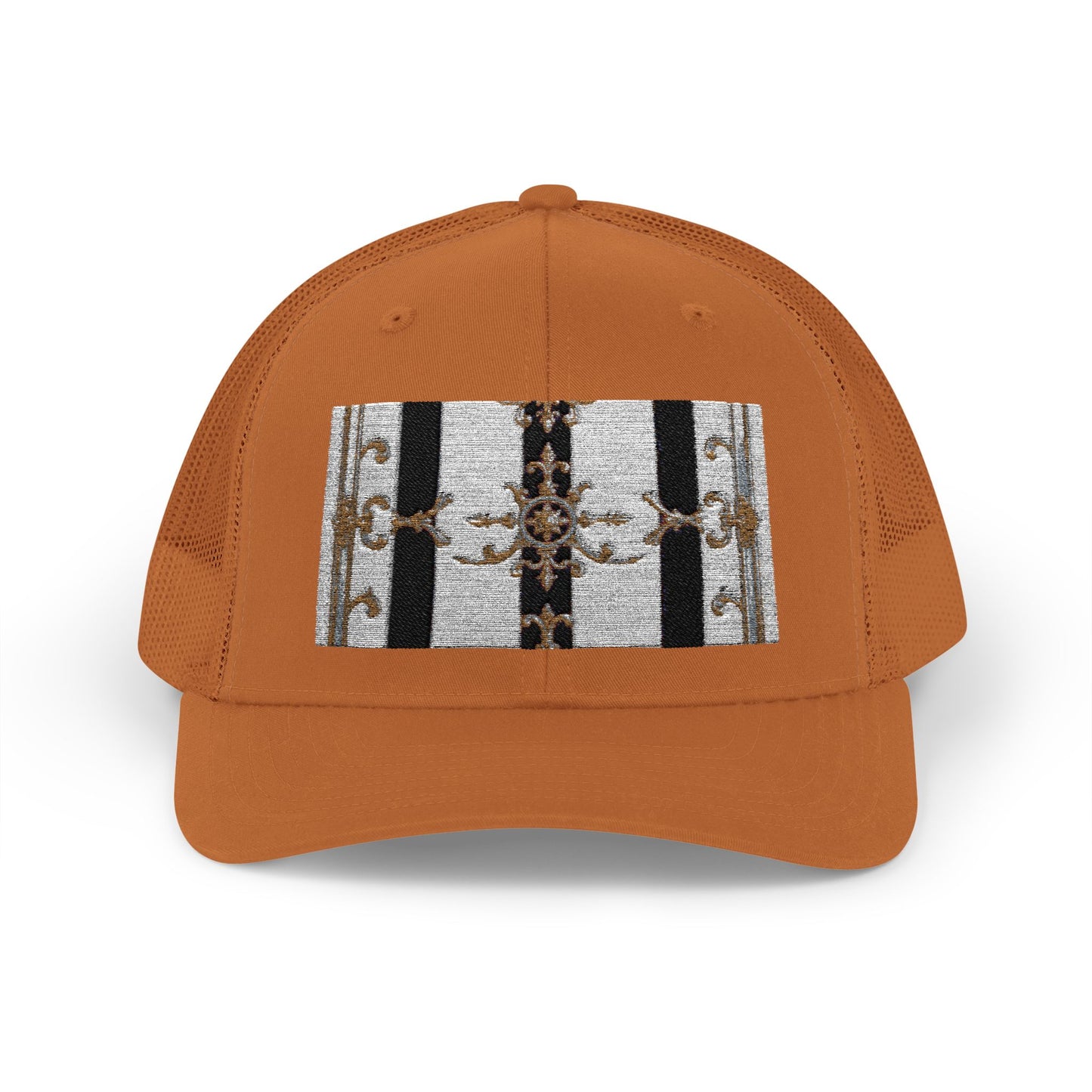 Trendy Snapback Trucker Cap, Casual Fashion Hat, Summer Accessory, Gift Idea for Cool Teens, Outdoor Activities - Black & White Striped Gold Baroque