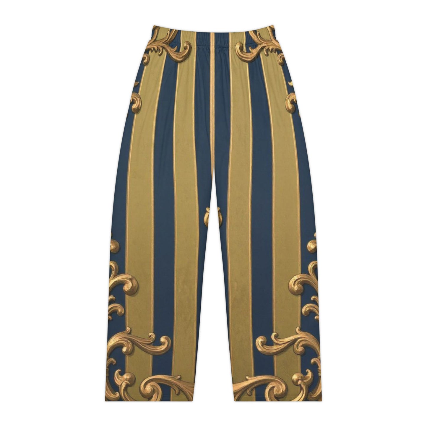 Elegant Midnight Blue & Olive Striped Gold Baroque Women's Pajama Pants | Luxurious Lounge Wear, Comfortable Sleepwear, Perfect Gift for Her