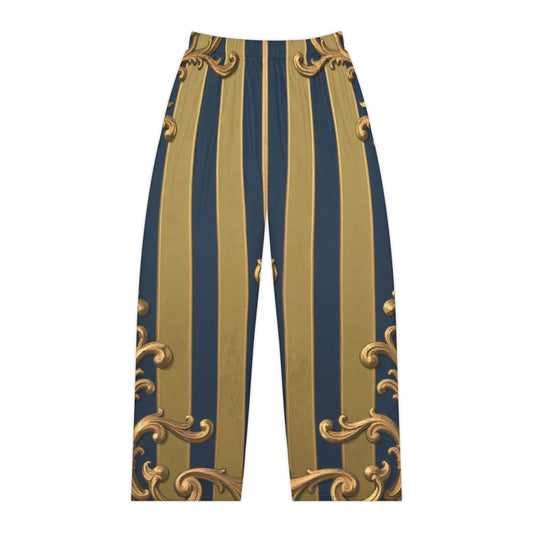 Elegant Midnight Blue & Olive Striped Gold Baroque Women's Pajama Pants | Luxurious Lounge Wear, Comfortable Sleepwear, Perfect Gift for Her