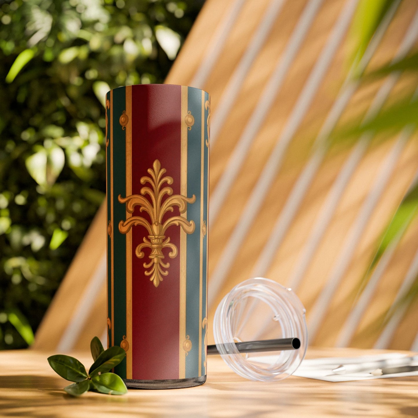 Elegant Vintage Skinny Tumbler with Straw, 20oz | Gold & Burgundy Design | Travel Mug, Gift for Her - Burgundy Striped Gold Baroque