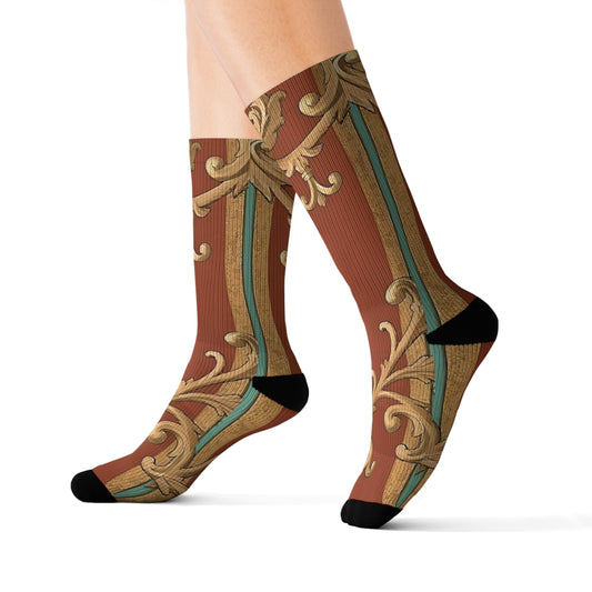 Elegant Sublimation Socks | Stylish Accessories, Gift for Him or Her, Cozy Winter Footwear - Rust & Mint Aqua Striped Baroque