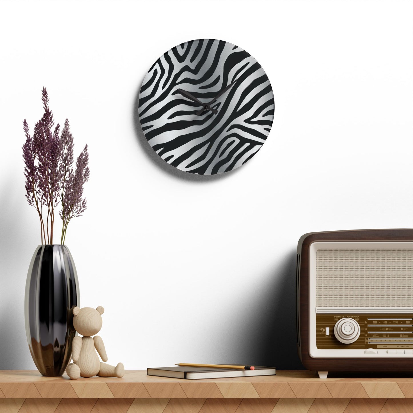 Stylish Zebra Print Acrylic Wall Clock - Modern Home Decor Accent - Silver
