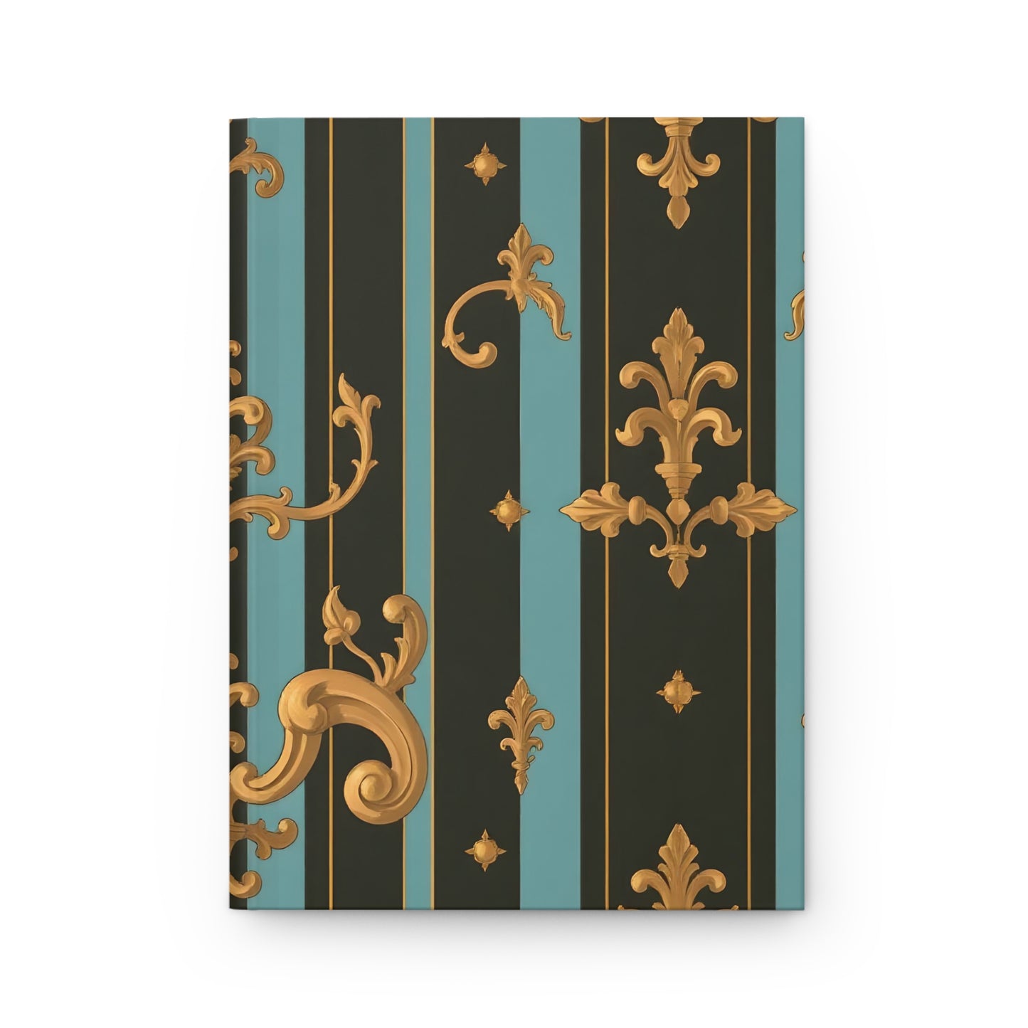 Elegant Vintage Hardcover Journal - Stylish Notebook, Diary for Writers, Travel Journal, Gift for Artists - Black & Turquoise Striped Baroque