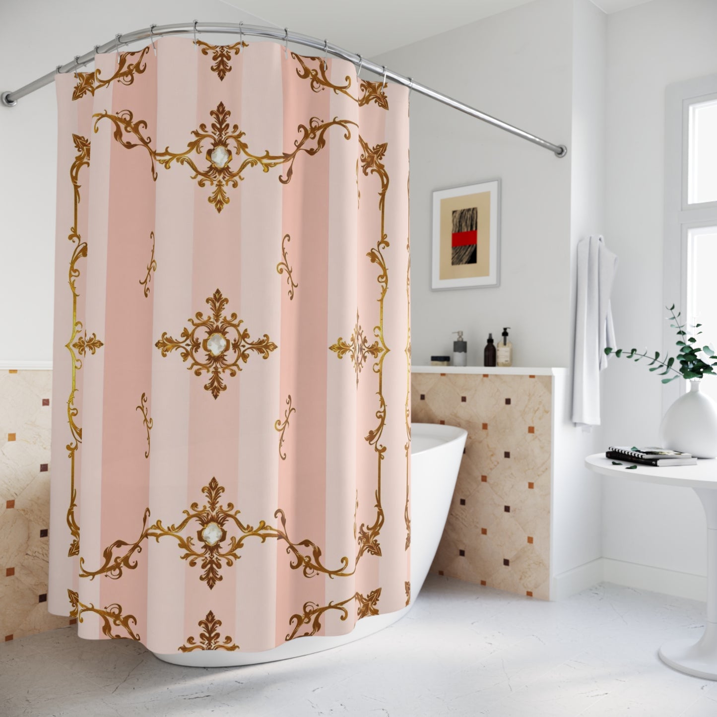 Elegant Vintage Floral Shower Curtain - Pink Jeweled Striped Gold Baroque Design