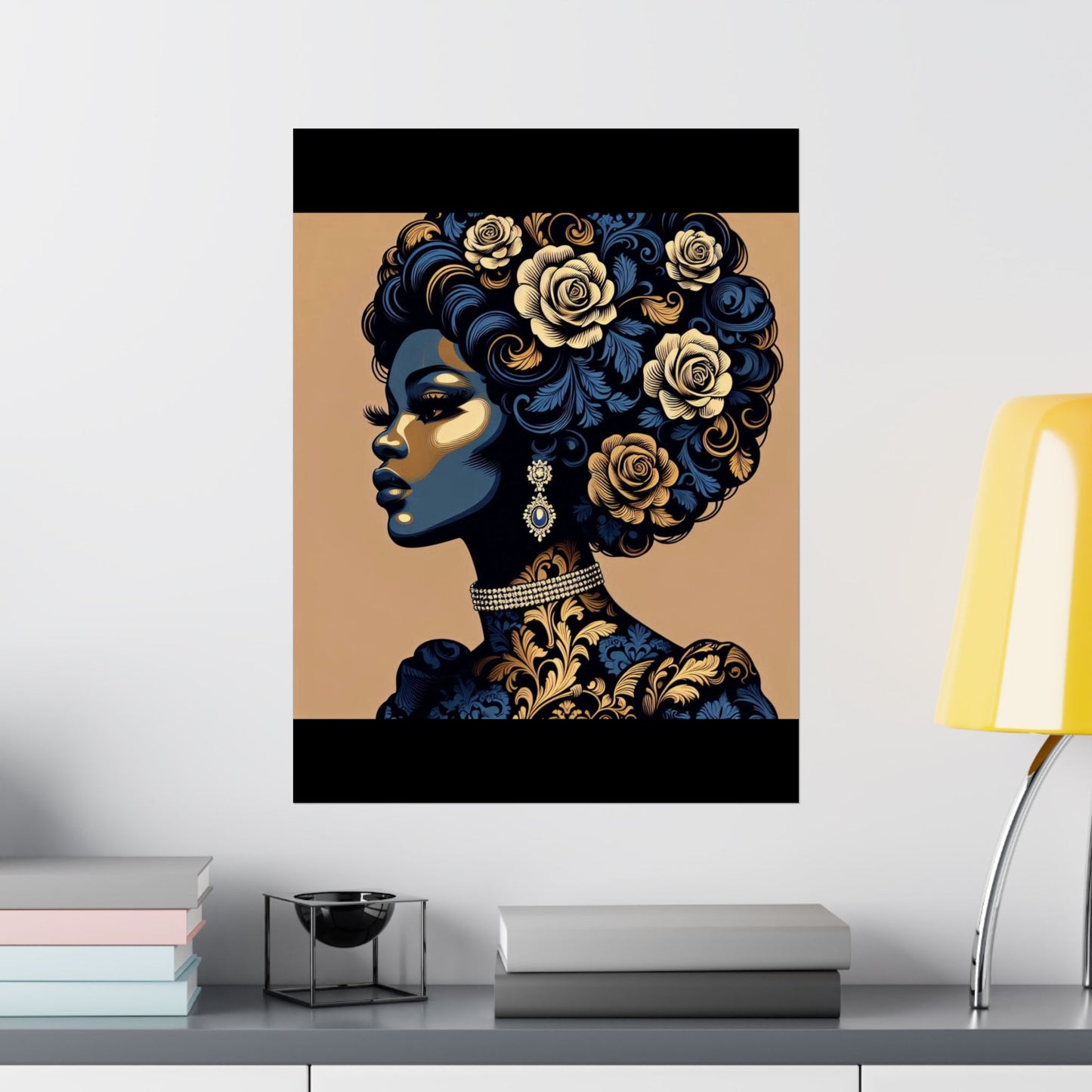 Floral Art Poster - Elegant Matte Vertical Wall Decor - Blue Damask Lady