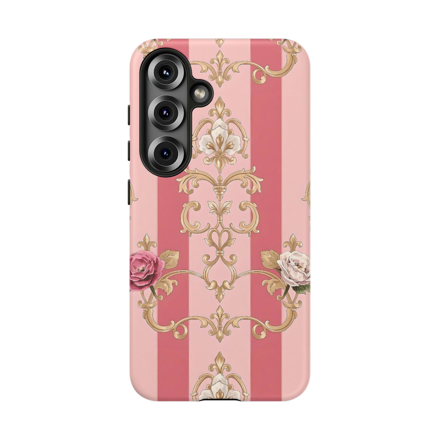 Elegant Floral Motif Phone Case - Tough Cases with Vintage Design - Pink Striped Roses & Damask