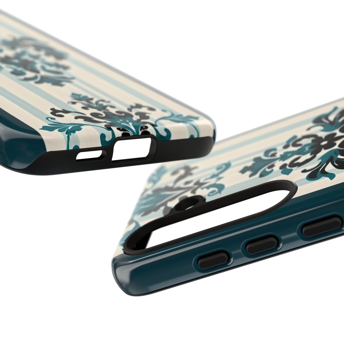 Elegant Floral Phone Case - Tough Cases with Vintage Design - Teal Striped Damask