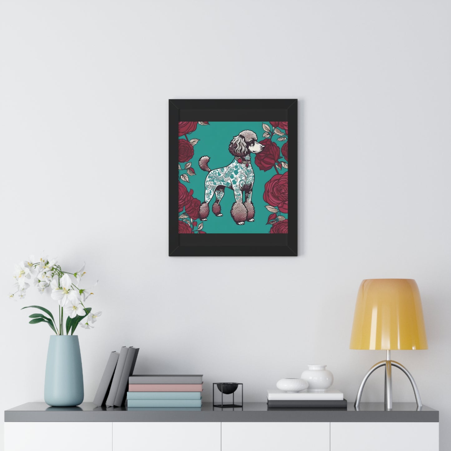 Vertical Poster - Stylish Framed - Art for Home Decor - Damask Aqua & White Poodle With Burgundy Roses