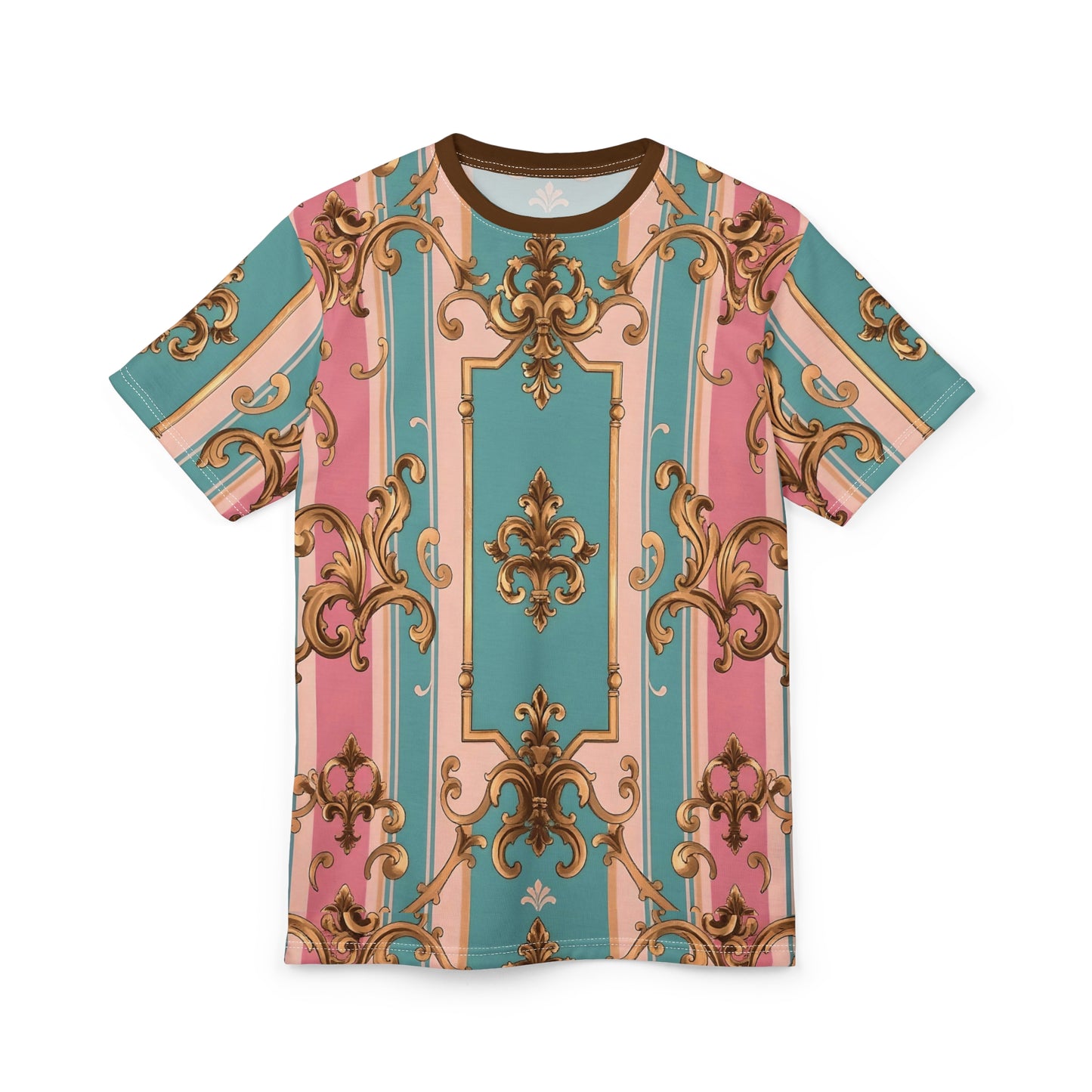 Rococo Style Unisex Cut & Sew Tee, Trendy AOP T-Shirt, Unique Graphic Tee, Fashion Statement - Pink & Matte Turquoise Striped Rococo