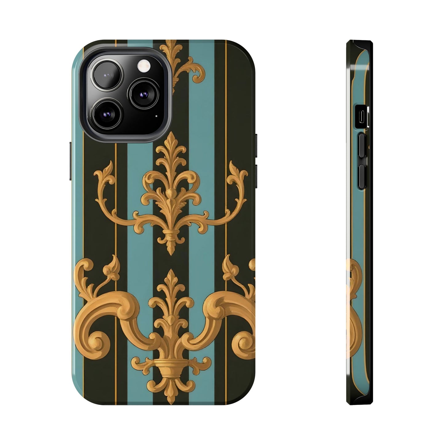 Elegant Baroque Tough Phone Case, Stylish Phone Cover, Durable iPhone Case, Unique Gift - Black & Turquoise Striped Baroque