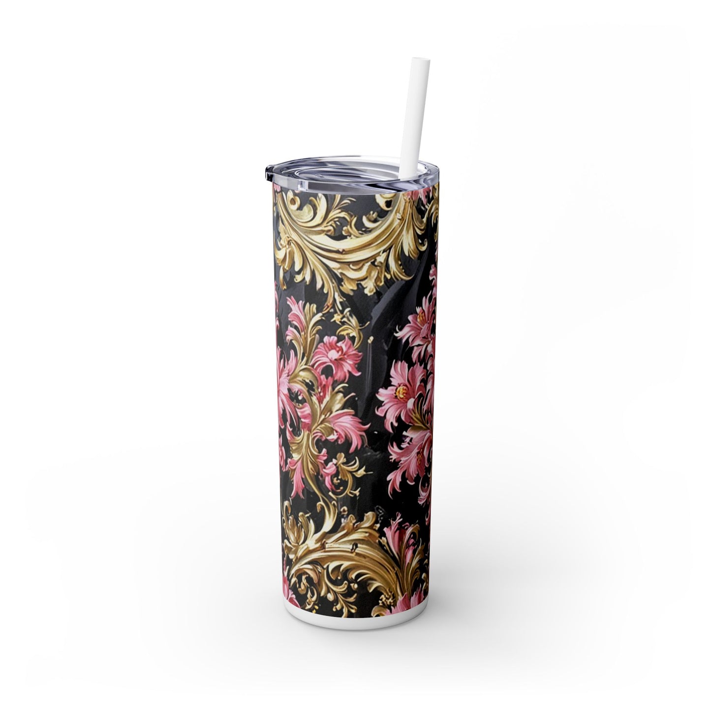 Chic Floral Skinny Tumbler with Straw, 20oz - Elegant Drinkware for Tea Lovers, Travel Mugs, Gifts for Her - Black & Pink Oil Painting Style Rococo