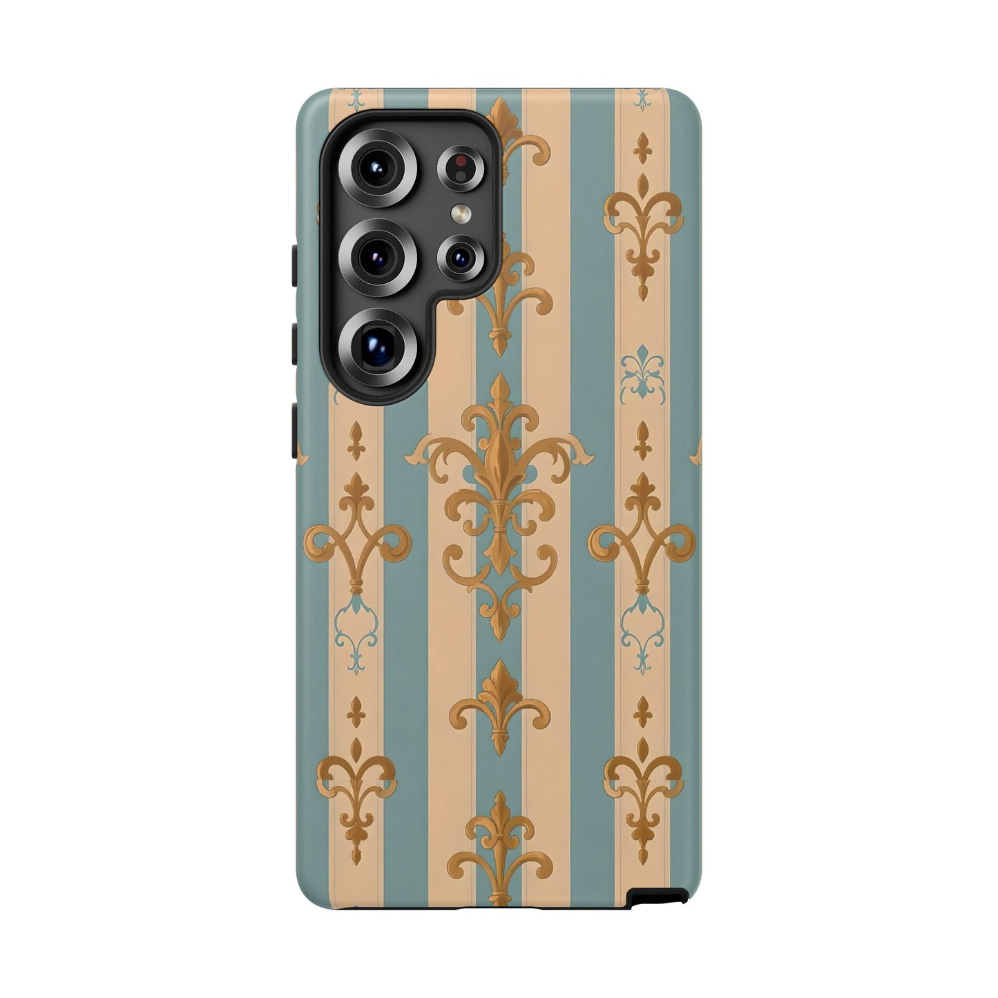 Elegant Floral Motif Phone Case - Tough Cases with Vintage Design -  Beige & Sky Blue Striped Gold Damask