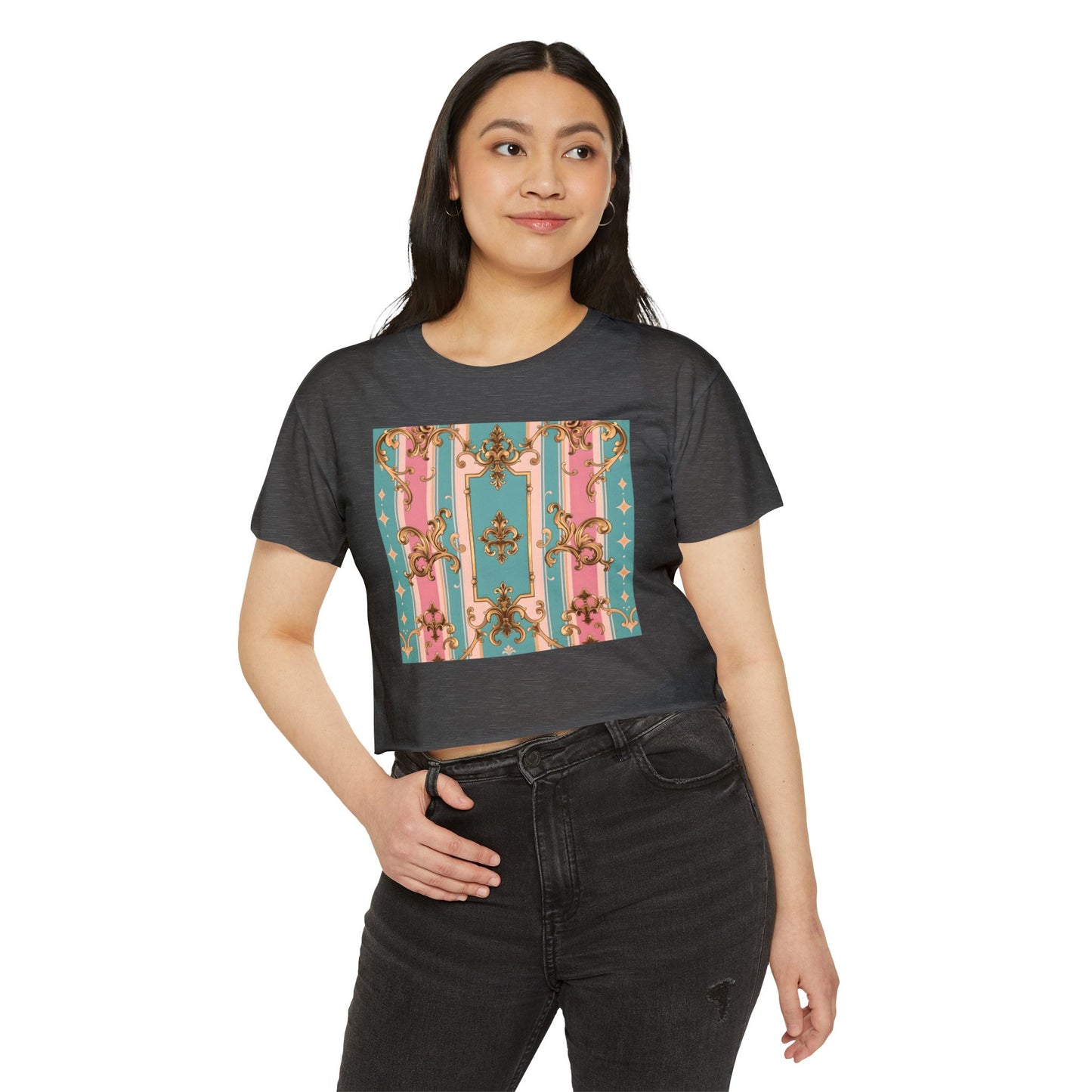 Rococo Festival Crop Top, Summer Crop Tee, Music Festival Clothing, Trendy Women's Fashion - Pink & Matte Turquoise Striped Rococo