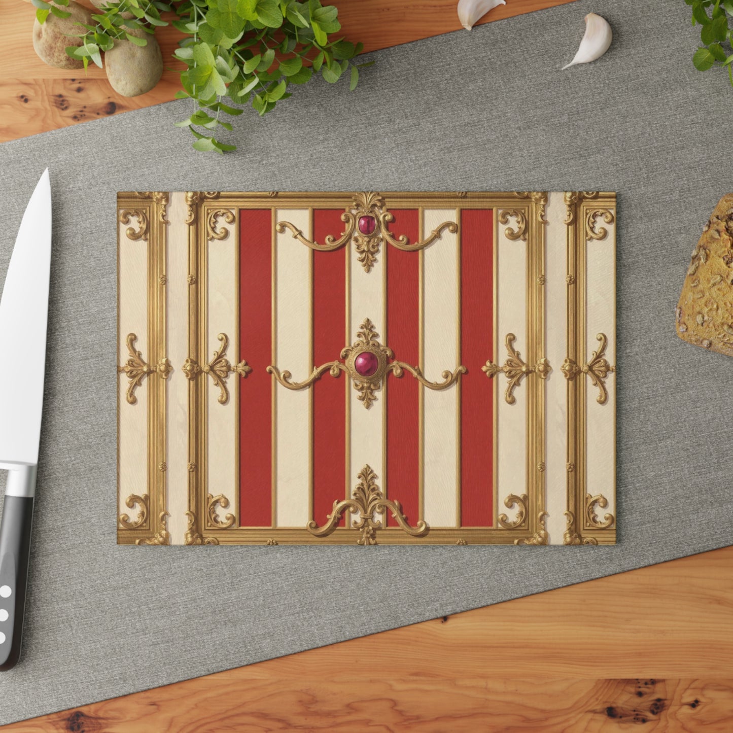 Elegant Baroque Pattern Glass Cutting Board – Perfect for Home Chefs and Culinary Gifts - Alabaster & Dusk Orange Striped Baroque