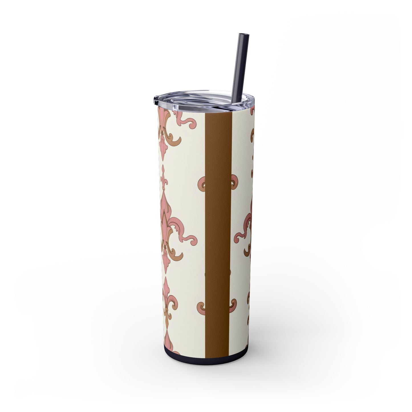 Elegant Floral Skinny Tumbler, 20oz Drinkware, Stylish Travel Mug, Wedding Gift, Personalized Gift, Eco-Friendly Cup - Brown Striped Pink Arabesque
