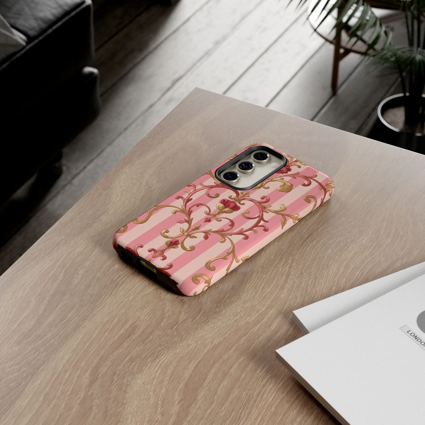 Elegant Floral Motif Phone Case - Tough Cases with Vintage Design - Pink Striped Rose Gold Damask