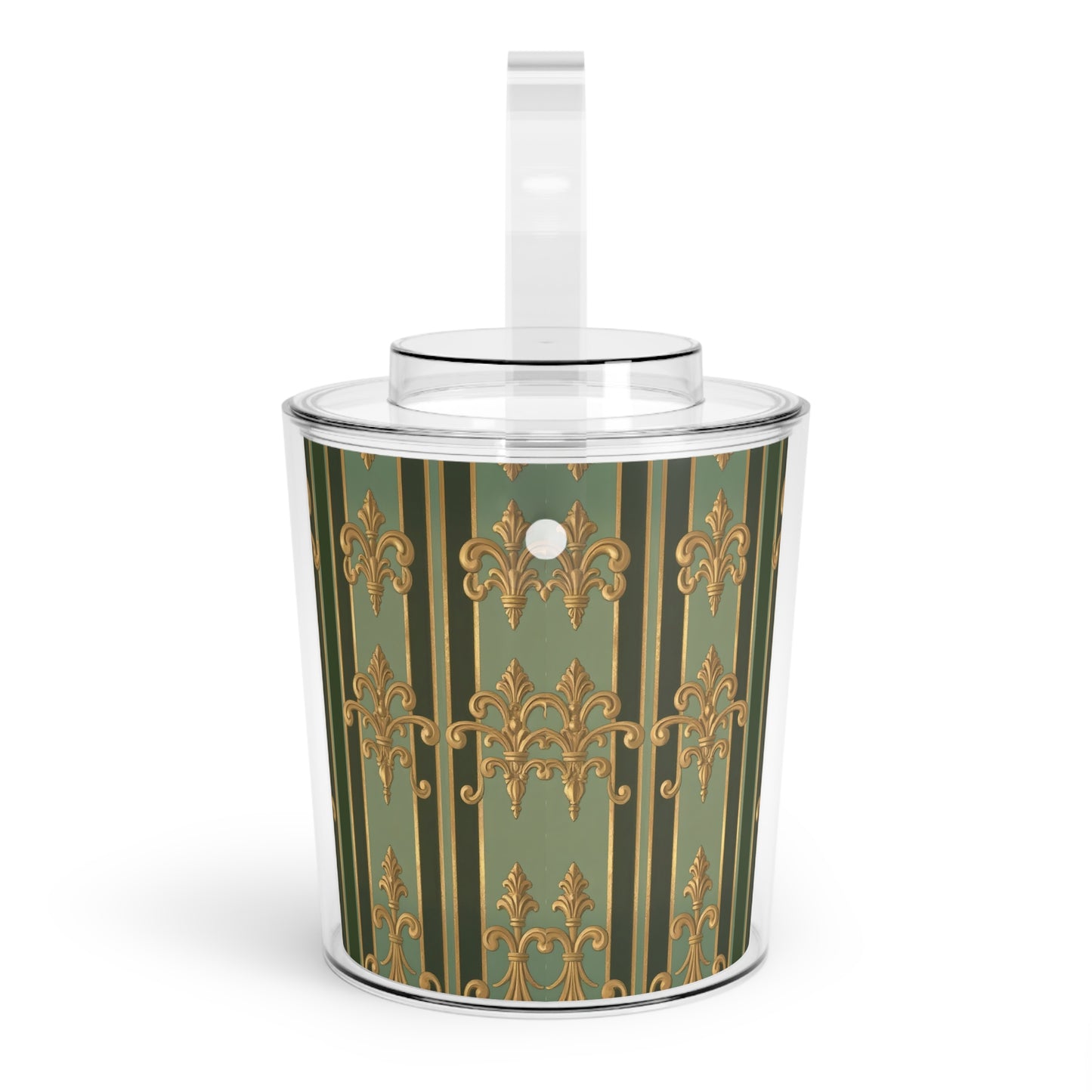 Elegant Ice Bucket with Tongs, Decorative Ice Container, Party Essential, Barware Gift, Luxe Home Decor - Green Striped Gold Baroque