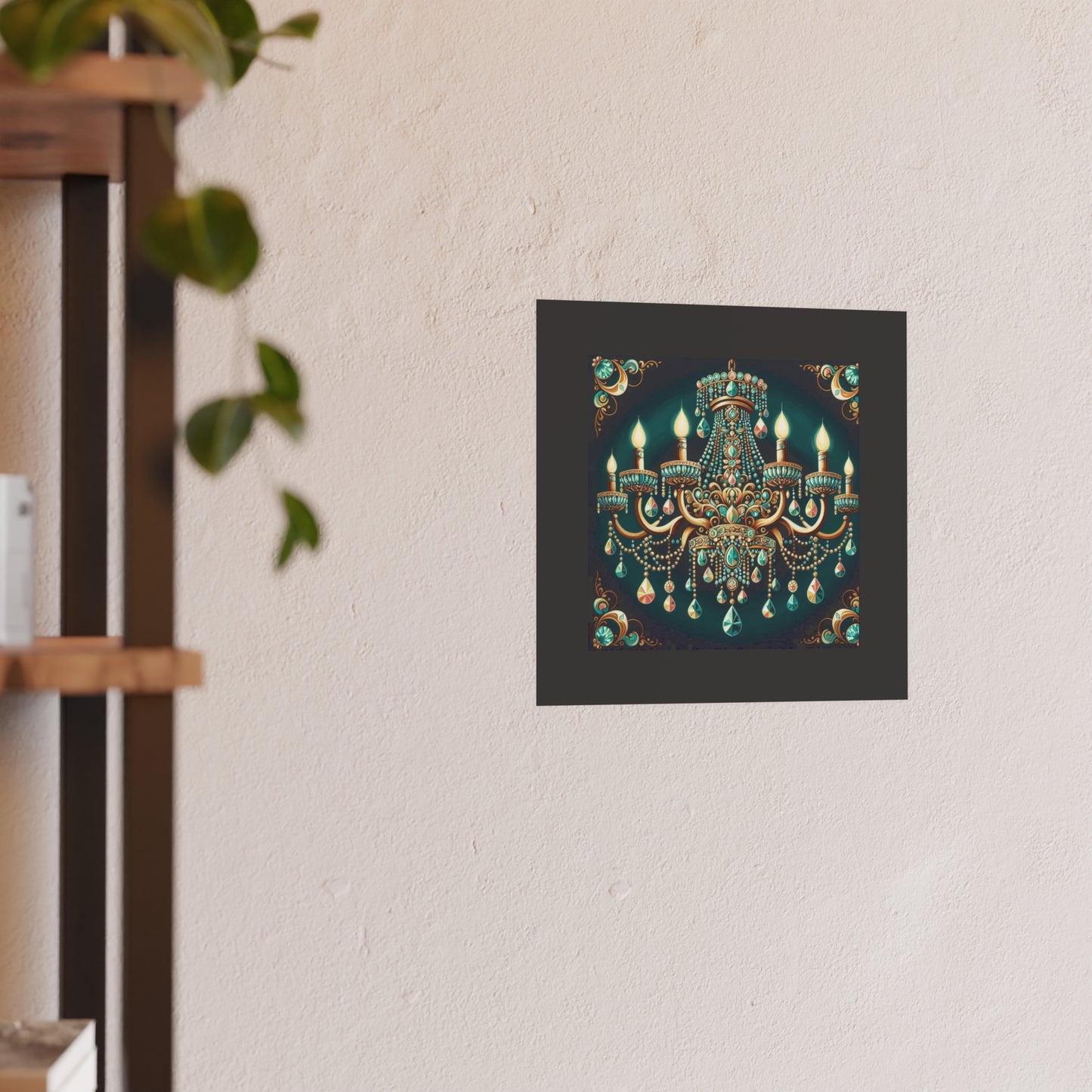 Elegant Chandelier Poster - Luxurious Wall Art for Home Décor - Teal Jeweled Chandelier