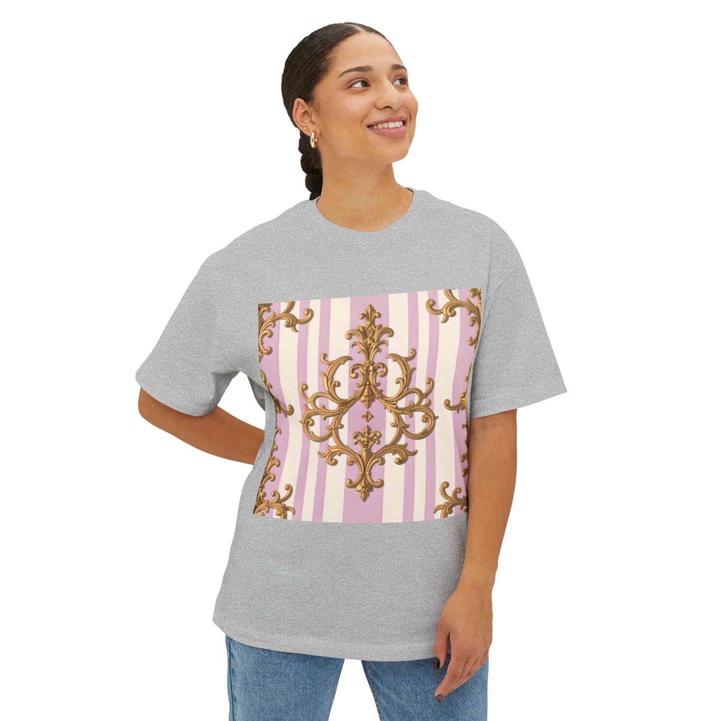 Chic Oversized Boxy Tee for Stylish Comfort, Casual Wear, Graphic Tee, Trendy Fashion, Gifts for Her - Lilac & Alabaster Striped Gold Baroque