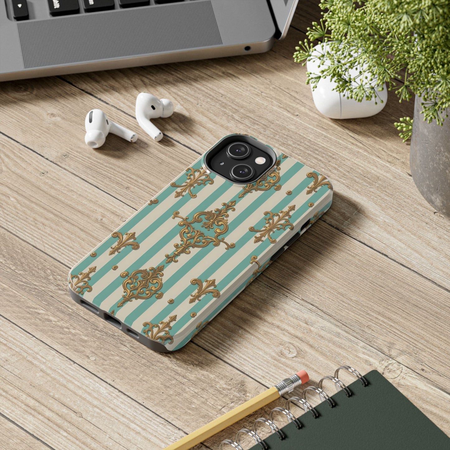 Elegant Striped Phone Case with Vintage Design, Tough Phone Cover, Stylish Smartphone Case - Matte Green Striped Rococo