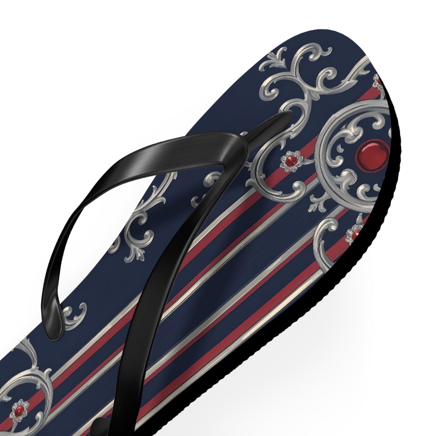Elegant Nautical Flip Flops | Perfect for Beach Days, Summer Parties, Travel, Vacation, Poolside Relaxation - Blue & Red Striped Silver Baroque