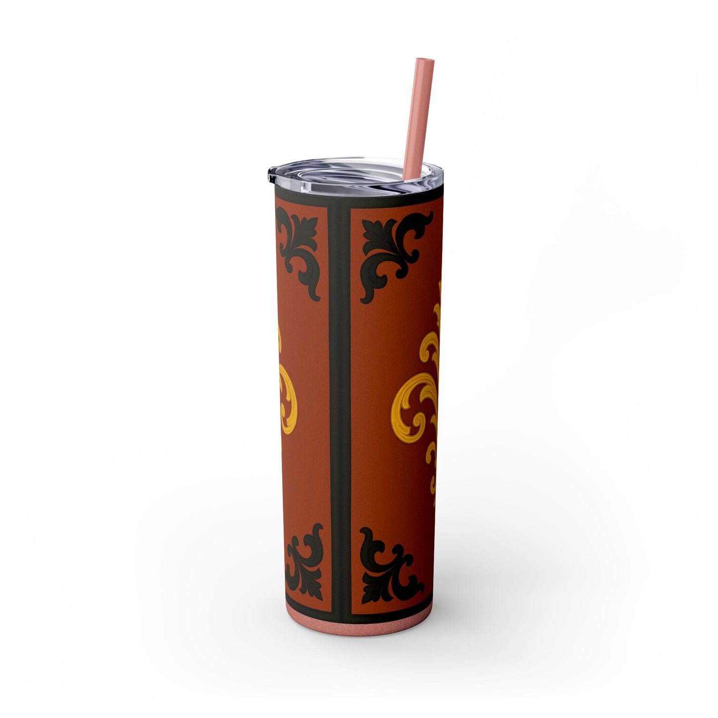 Dusk Terracotta Baroque 20oz Skinny Tumbler with Straw — Vintage Gold Baroque Design