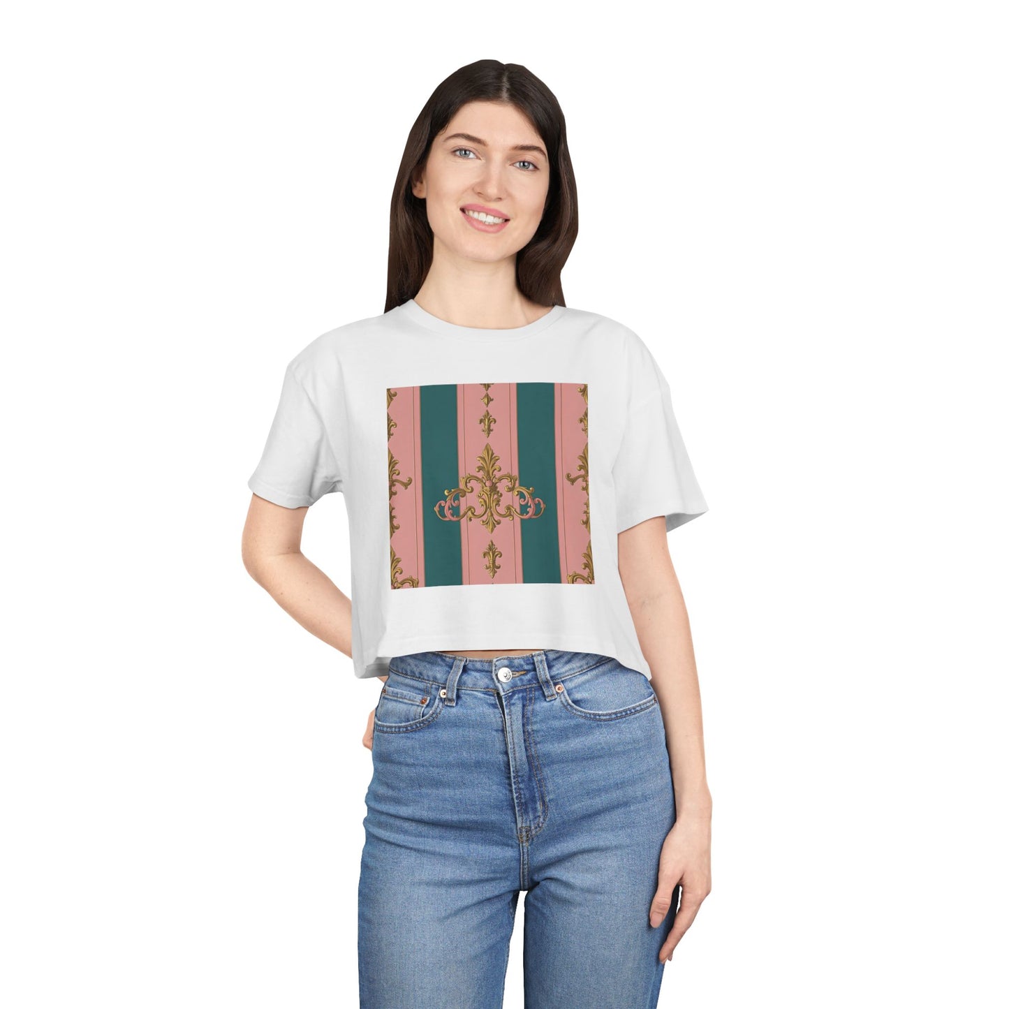 Baroque Vintage Women's Crop Tee, Casual Top, Summer Fashion, Trendy Shirt, Graphic T-Shirt, Gift for Her - Pink & Teal Striped Gold Baroque