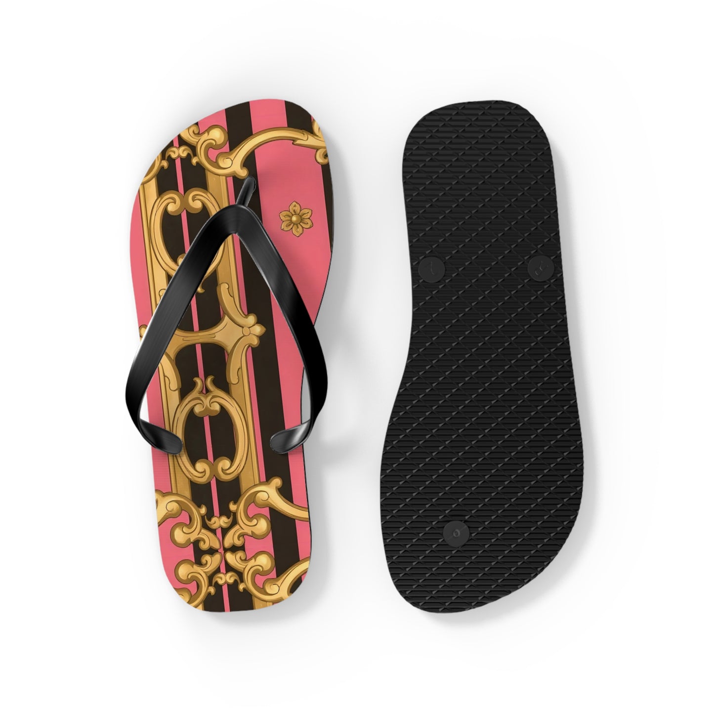Chic Patterned Flip Flops - Stylish Summer Sandals, Beach Footwear, Pool Slides, Vacation Essentials, Gift for Her - Pink & Black Striped Gold Baroque