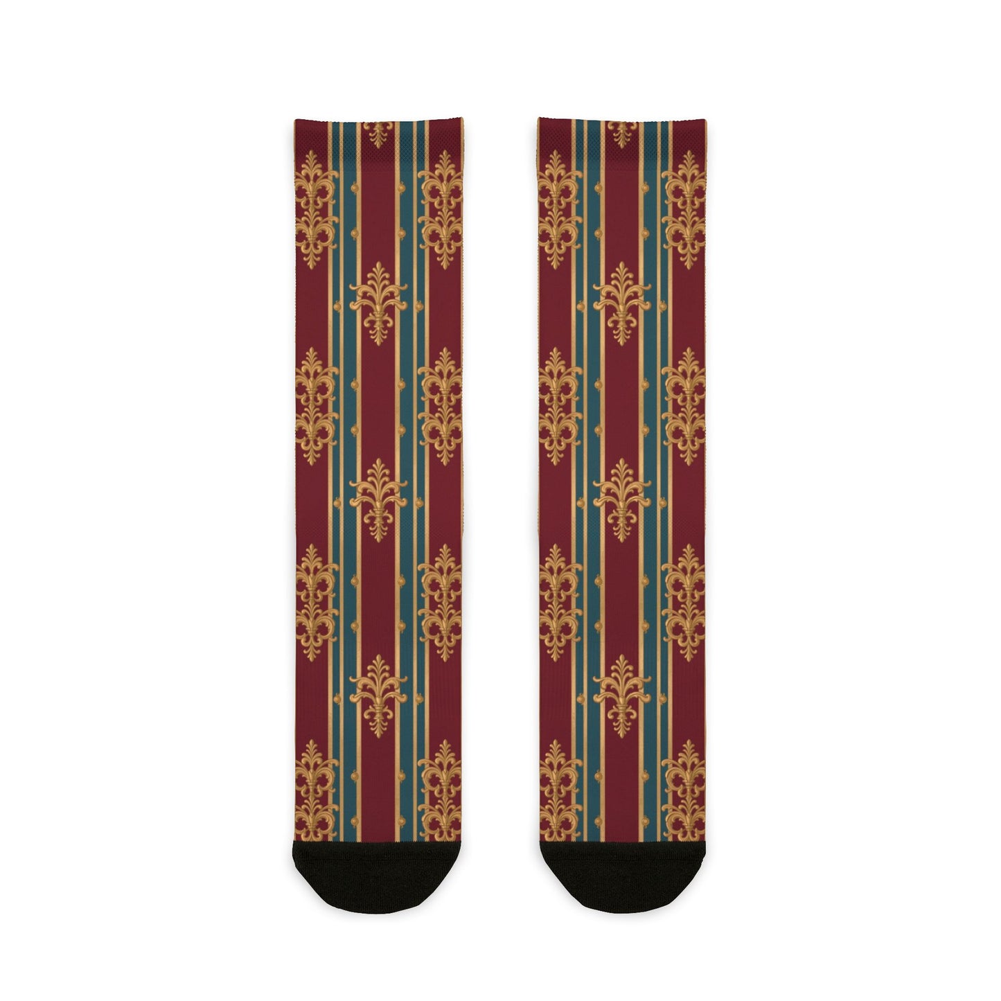 Unisex Elegant Patterned Crew Socks, Cozy Gift, Fashionable Footwear, Holiday Essentials - Burgundy Striped Gold Baroque
