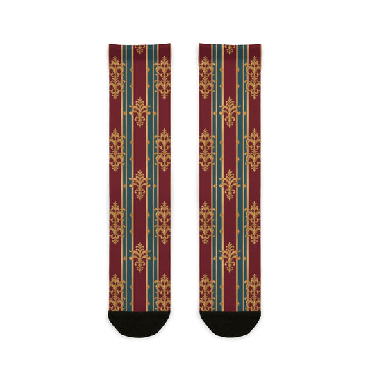 Unisex Elegant Patterned Crew Socks, Cozy Gift, Fashionable Footwear, Holiday Essentials - Burgundy Striped Gold Baroque