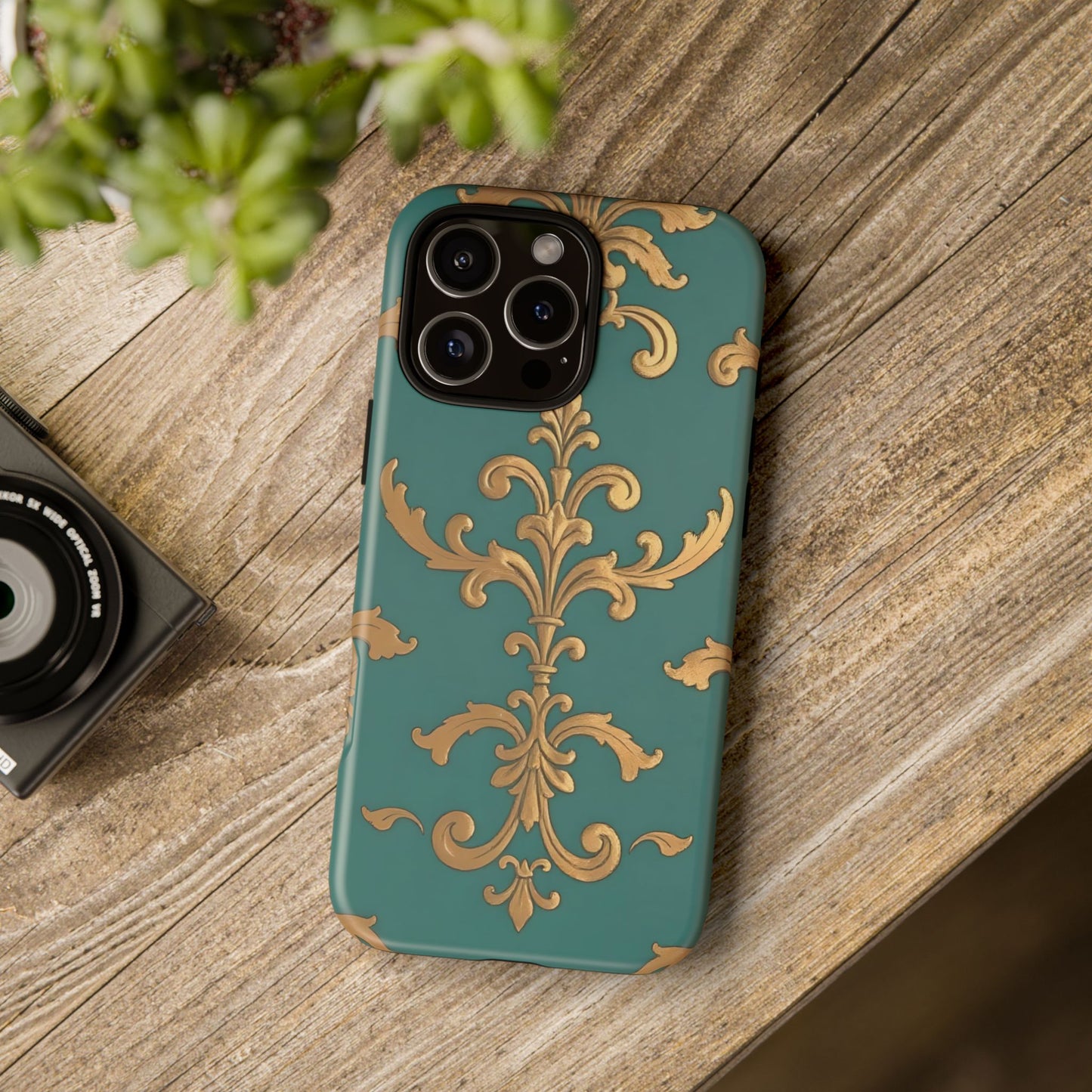 Elegant Floral Motif Phone Case - Tough Cases with Vintage Design - Aqua & Gold Damask