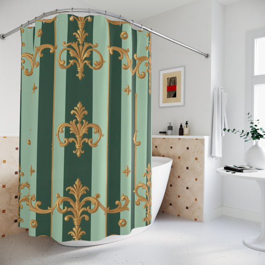 Elegant Vintage Shower Curtain with Gold Accents, Luxurious Bathroom Decor, Timeless Home Style - Mint Green & Teal Striped Gold Baroque