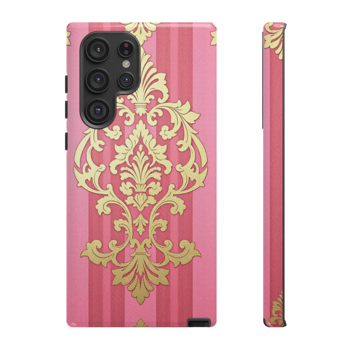 Elegant Floral Motif Phone Case - Tough Cases with Vintage Design - Pink Striped Damask