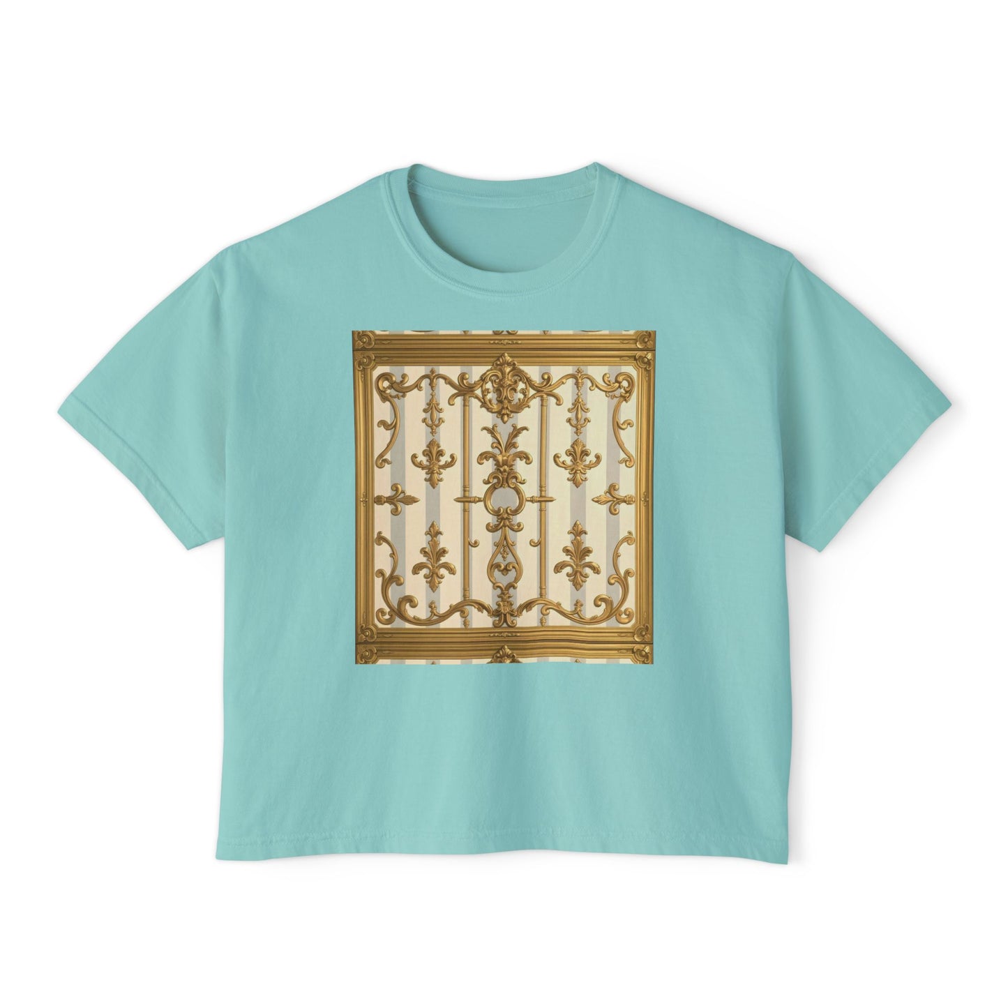 Chic Women's Boxy Tee with Elegant Gate Design, Stylish Casual Wear, Summer Tee, Gift for Her - Matte Gray & Cream Striped Gold Baroque