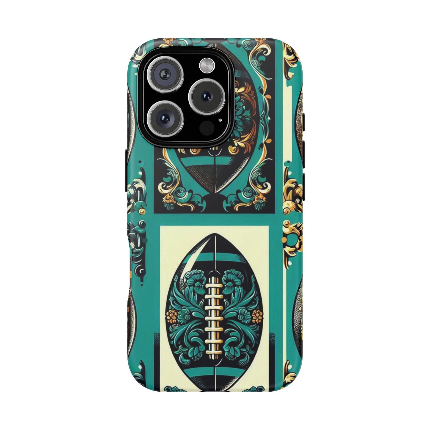Elegant Floral Motif Phone Case - Tough Cases with Vintage Design -  Damask Teal, Gold & Black Footballs