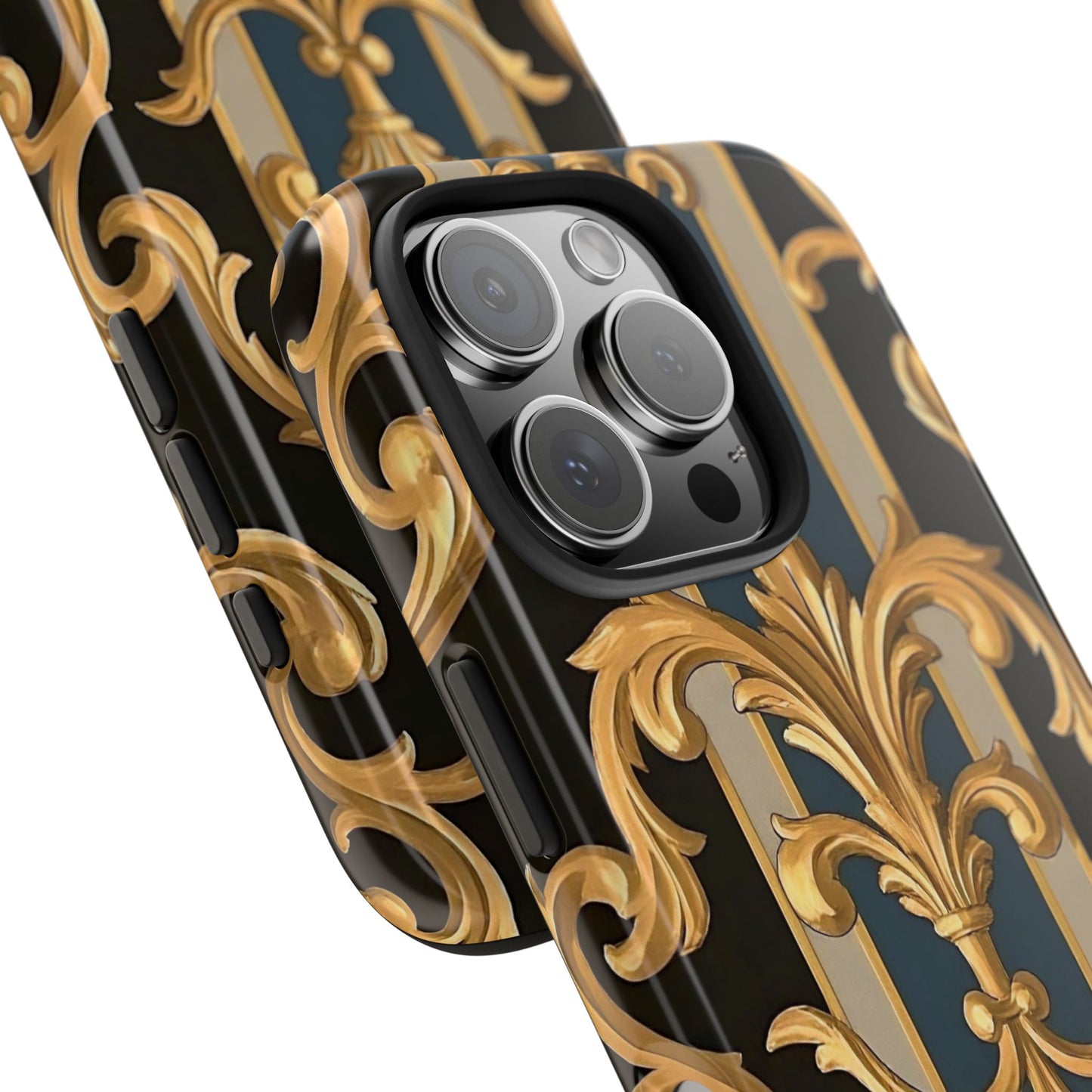 Elegant Rococo Phone Cases, Tough iPhone Case, Floral Design Case, Luxury Phone Cover - Blue & Black Striped Rococo