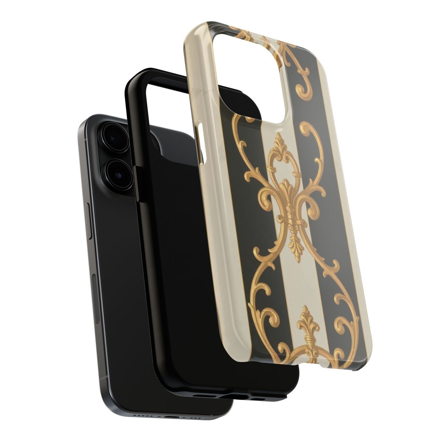 Elegant Black & Alabaster Striped Baroque Tough Phone Cases - Chic Protection, Black Gold Decor, Stylish Accessory, Gift for Her, Trendy Tech