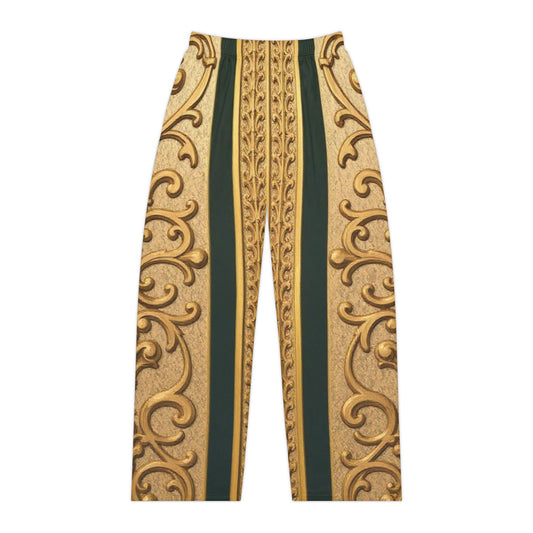 Elegant Teal Striped Gold Baroque Women's Pajama Pants, Luxurious Loungewear, Stylish Sleepwear, Gift for Her, Versatile Fashion