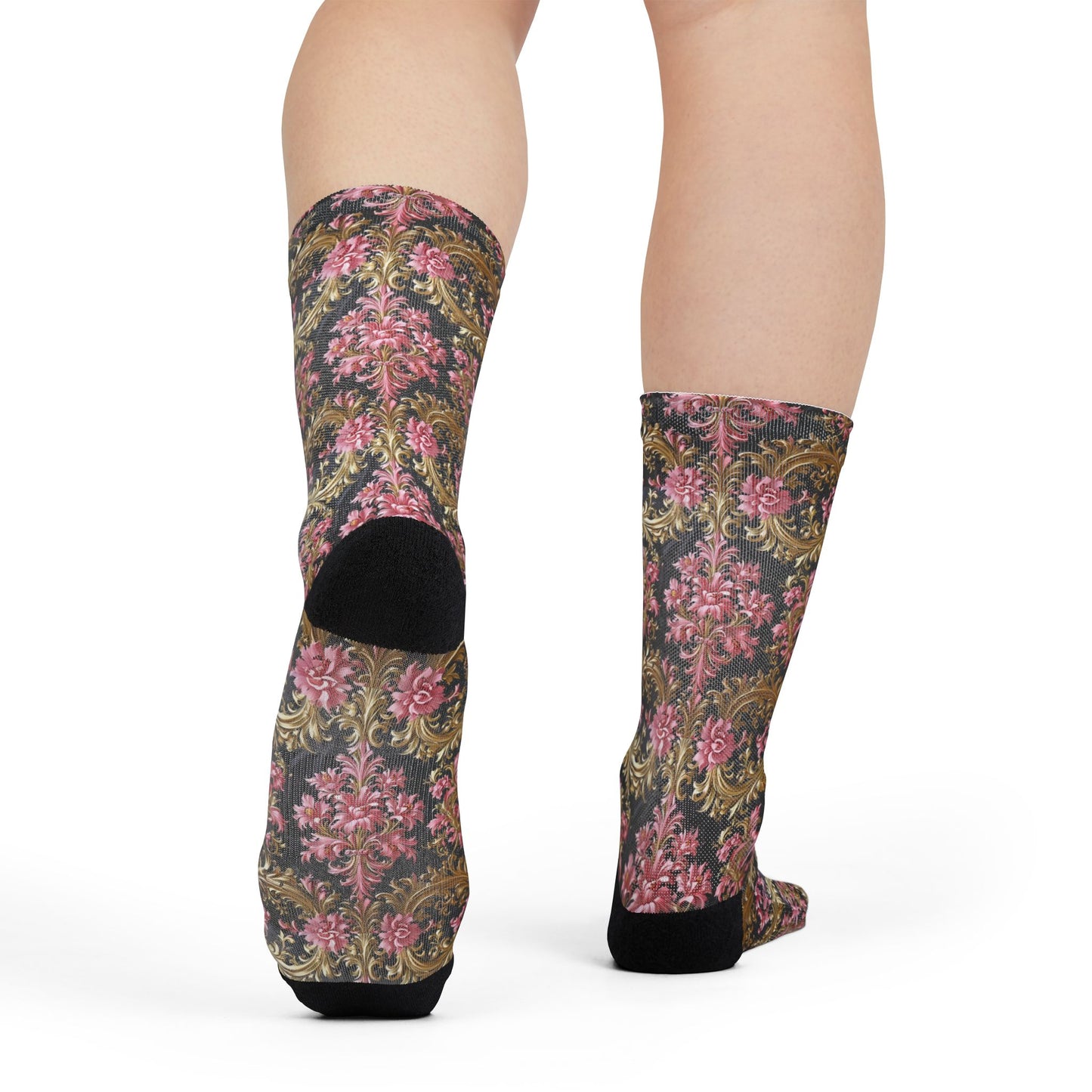 Floral Pattern Crew Socks - Vibrant Colorful Socks, Fun Gift for Her, Stylish Accessories - Black & Pink Oil Painting Style Rococo
