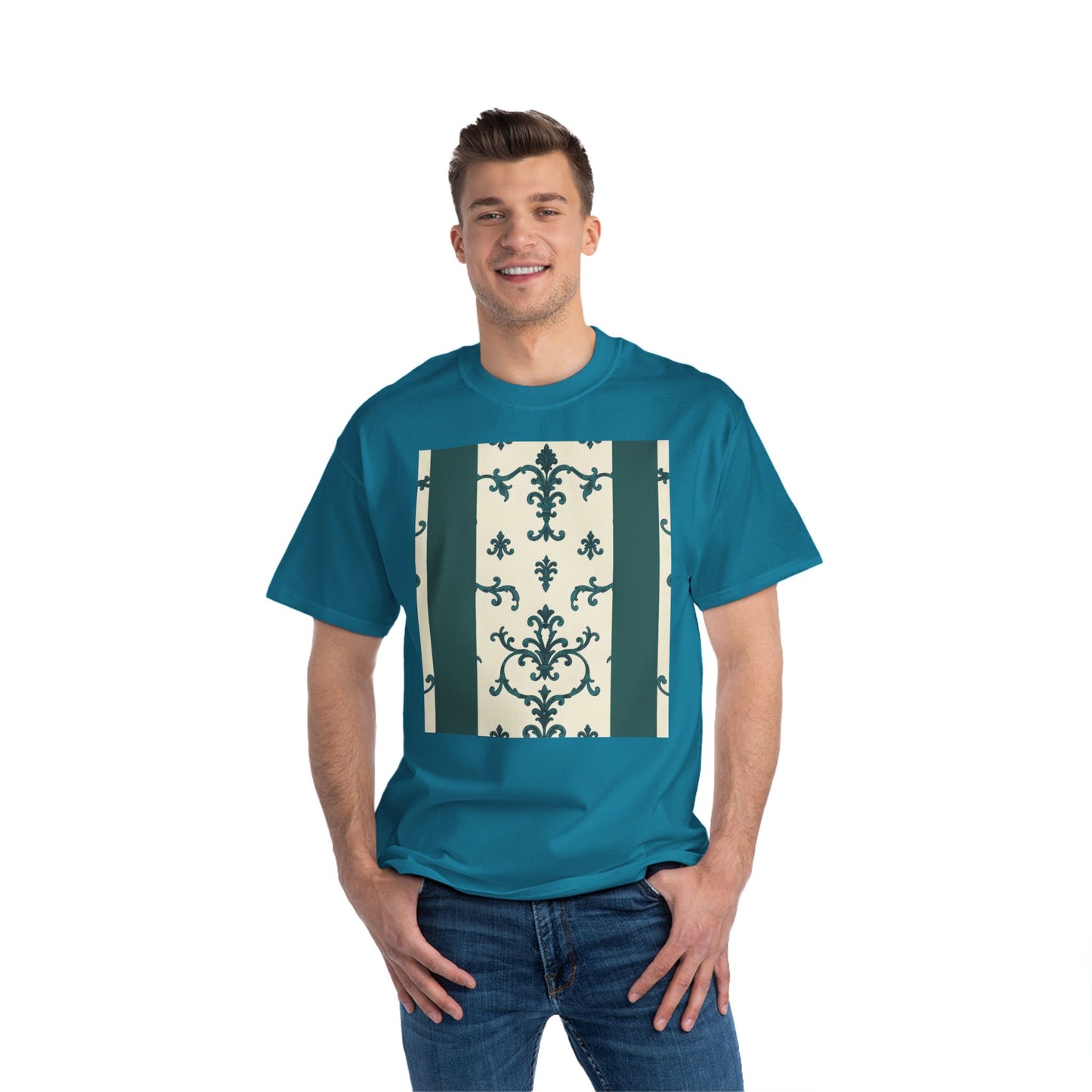 Vintage-Inspired Short-Sleeve T-Shirt, Casual Wear, Graphic Tee, Summer Outfit, Gift for Friends, Retro Design - Teal Striped Rococo