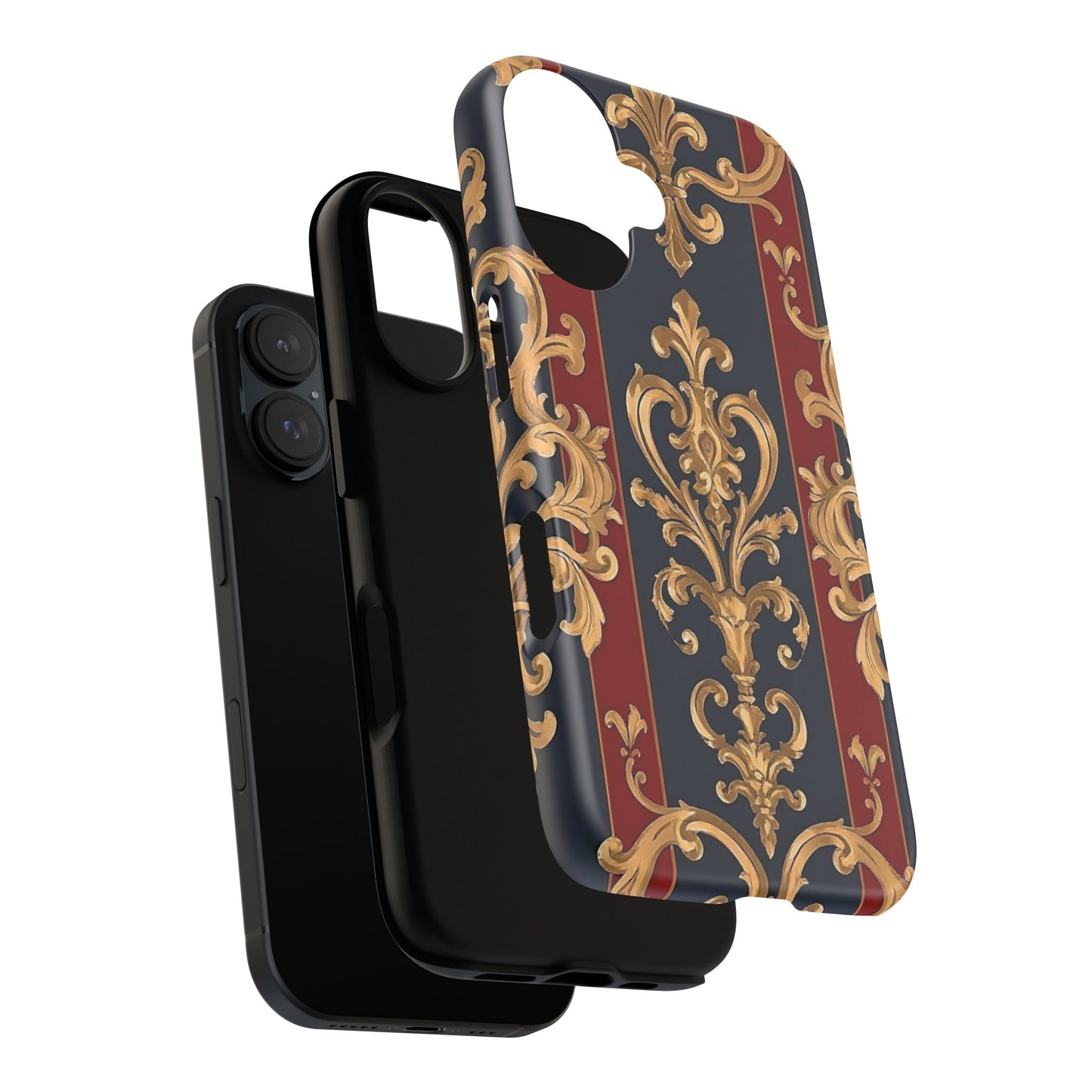 Elegant Floral Motif Phone Case - Tough Cases with Vintage Design - Midnight Blue & Dusk Red Striped Gold Damask